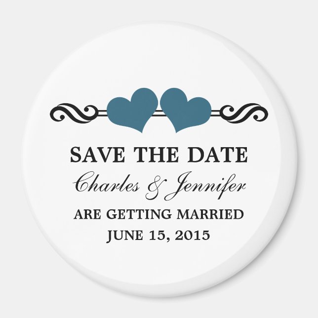 Elegant Hearts Save the Date Magnet, Blue Magnet (Front)