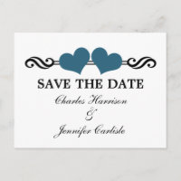 Elegant Hearts Save the Date Postcard, Blue