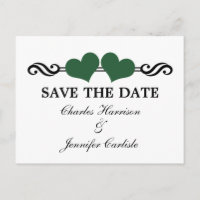 Elegant Hearts Save the Date Postcard, Green