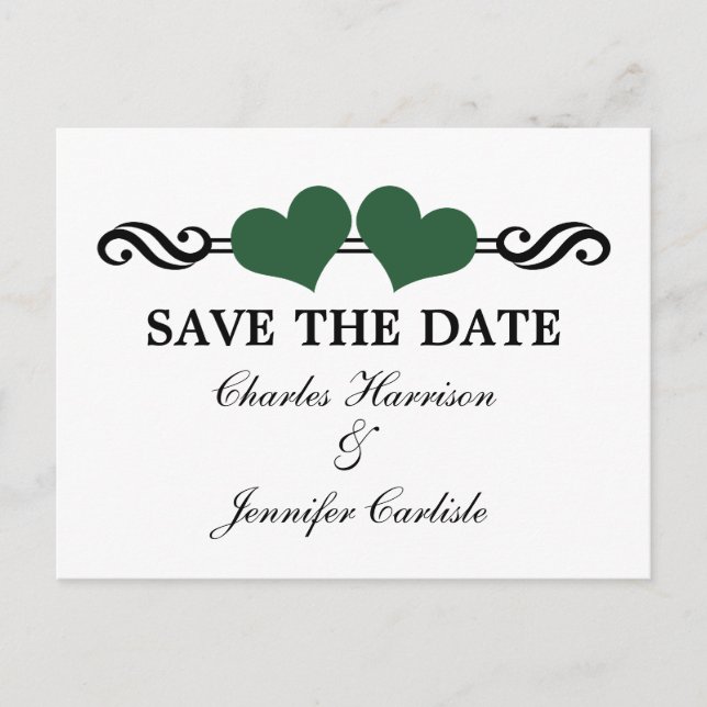 Elegant Hearts Save the Date Postcard, Green Announcement Postcard (Front)