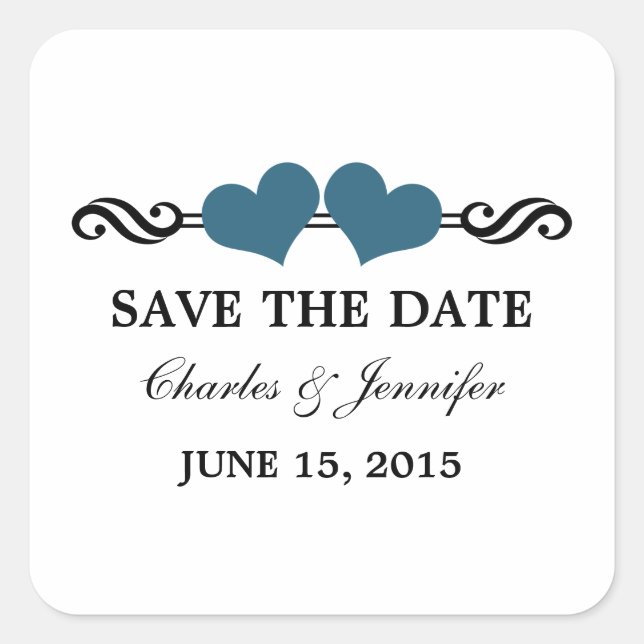 Elegant Hearts Save the Date Stickers, Blue Square Sticker (Front)