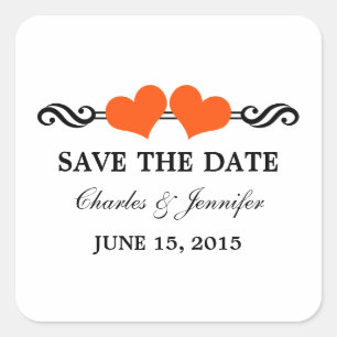 Elegant Hearts Save the Date Stickers, Orange Square Sticker