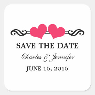 Elegant Hearts Save the Date Stickers, Pink Square Sticker