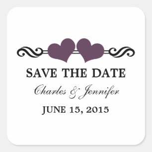 Elegant Hearts Save the Date Stickers, Purple Square Sticker