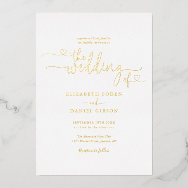 Elegant Hearts Script Calligraphy Wedding Gold (Front)