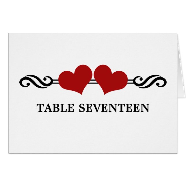 Elegant Hearts Table Number Card, Red (Front Horizontal)