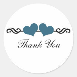 Elegant Hearts Thank You Stickers, Blue Classic Round Sticker
