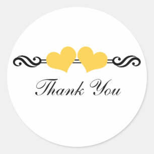 Elegant Hearts Thank You Stickers, Yellow Classic Round Sticker