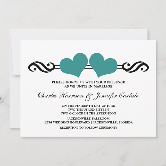 Elegant Hearts Wedding Invitation, Teal Invitation (Front)