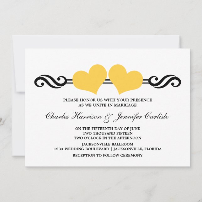 Elegant Hearts Wedding Invitation, Yellow Invitation (Front)