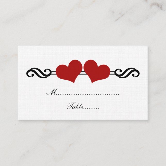 Elegant Hearts Wedding Place Card, Red Card (Front)