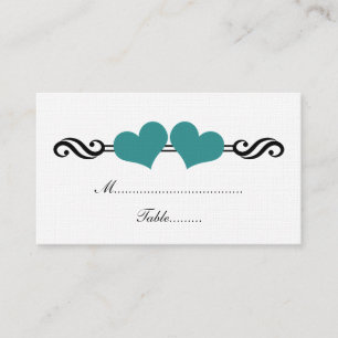 Elegant Hearts Wedding Place Card, Teal Card