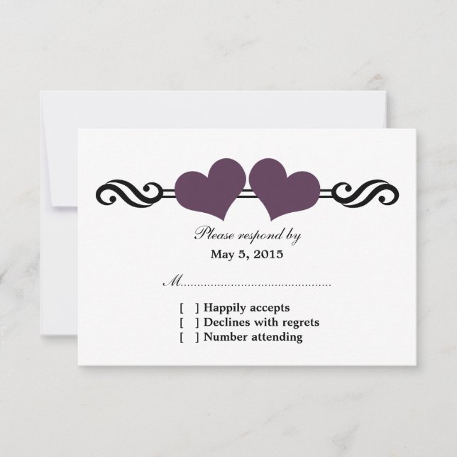 Elegant Hearts Wedding Response Card, Purple (Front)