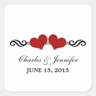 Elegant Hearts Wedding Stickers, Red Square Sticker