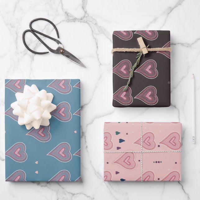 Elegant Hearts Wrapping Paper Flat Sheet Set of 3 (Front)