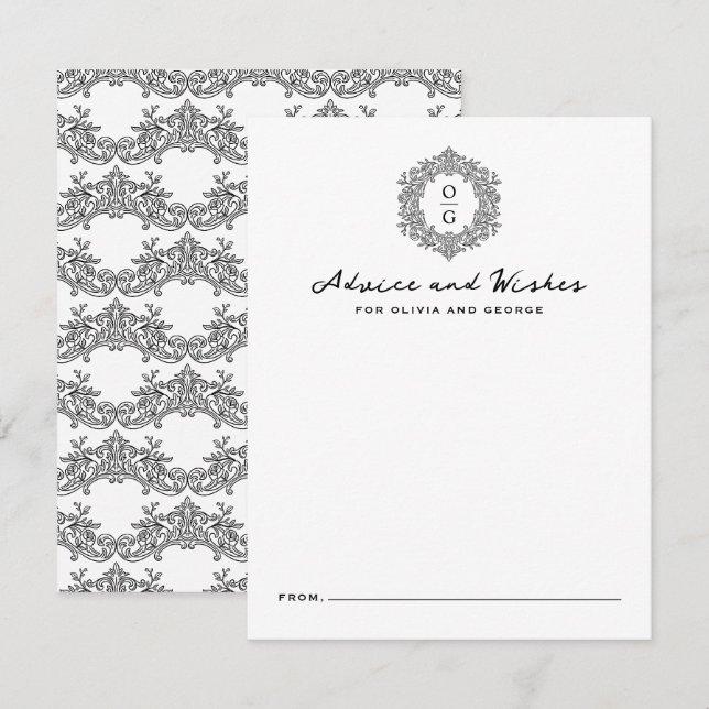 Elegant Heirloom Crest Black Wedding Monogram Advice Card (Front/Back)