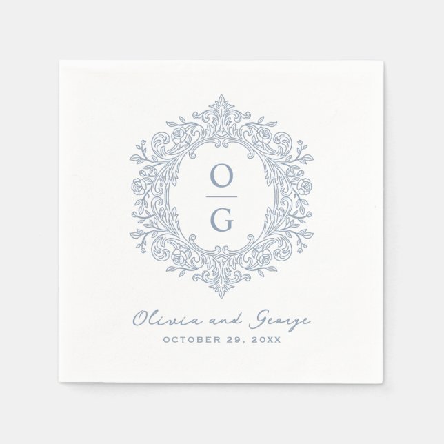 Elegant Heirloom Dusty Blue Wedding Monogram Napkin (Front)
