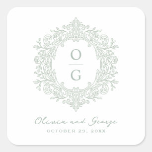 Elegant Heirloom Green Wedding Monogram Square Sticker