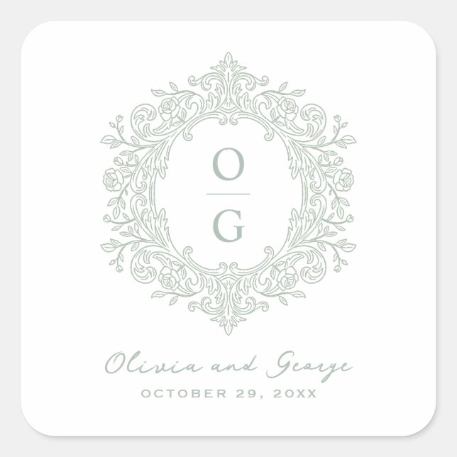 Elegant Heirloom Green Wedding Monogram Square Sticker (Front)