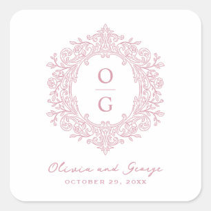 Elegant Heirloom Pink Wedding Monogram Square Sticker