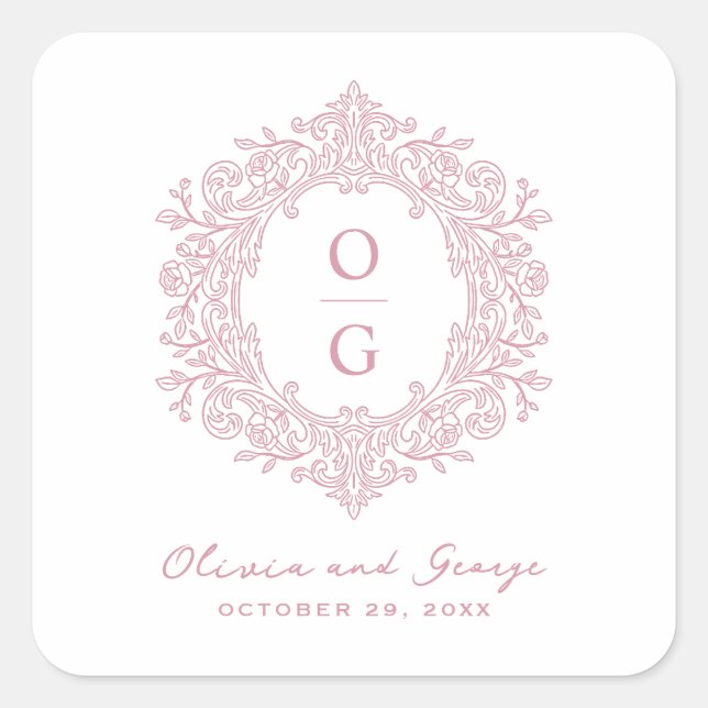 Elegant Heirloom Pink Wedding Monogram Square Sticker (Front)