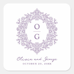 Elegant Heirloom Purple Wedding Monogram Square Sticker