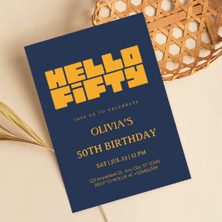 Elegant Hello Fifty Navy Blue 50th Birthday Invitation