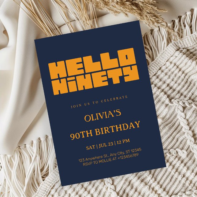 Elegant Hello Ninety Navy Blue 90th Birthday Invitation (Creator Uploaded)