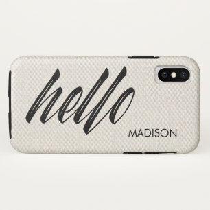 Elegant Hello Script Name Beige Faux Canvas Case-Mate iPhone Case