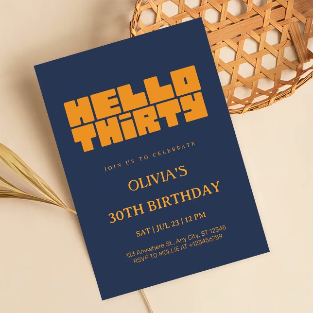Elegant Hello Thirty Navy Blue 30th Birthday Invitation (Creator Uploaded)