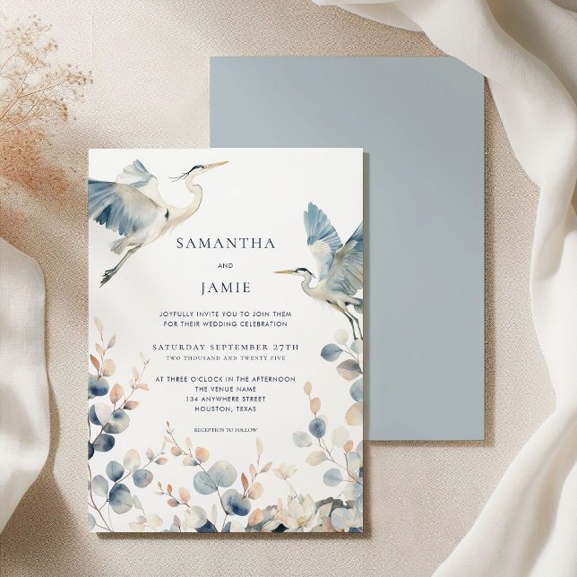 Elegant Herons Blush Dusty Blue Foliage Wedding Invitation (Front and back view)