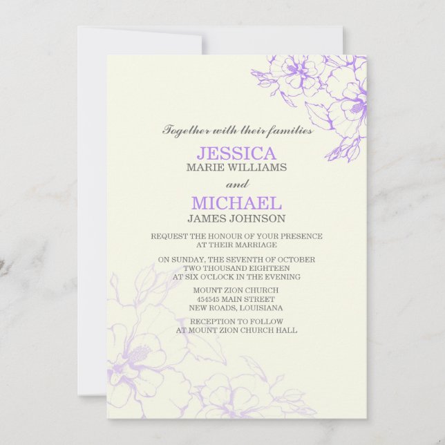 Elegant Hibiscus Wedding Invitations | Purple (Front)