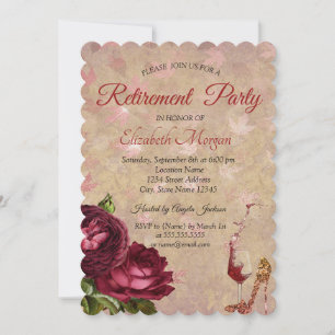 Elegant High Heel, Wine Glass, Roses Retirement Invitation