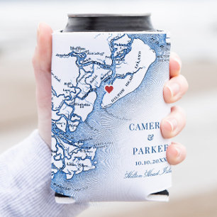 Elegant Hilton Head Island Map Navy Blue Wedding Can Cooler