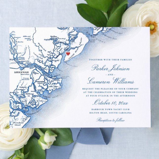 Elegant Hilton Head Island Map Navy Blue Wedding Invitation (Hilton Head Island SC Map wedding invitations for an elegant Harbour Town Yacht Club wedding)