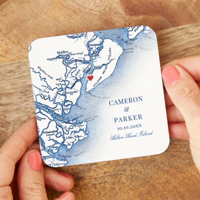 Elegant Hilton Head Island Map Navy Blue Wedding Square Paper Coaster (Hilton Head SC Map Drink Coaster for an elegant navy blue wedding from Coastal Map Designs)