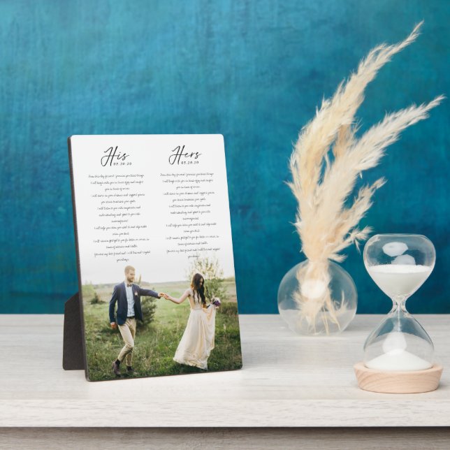 Elegant His & Hers Wedding Vows Minimal Photo Plaque (Side)