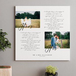 Elegant His & Hers Wedding Vows Minimal Two Photo Canvas Print