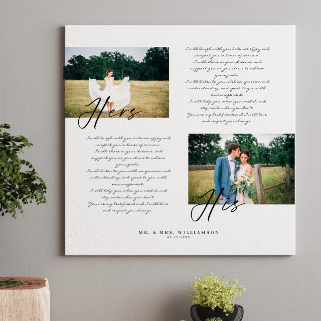 Elegant His & Hers Wedding Vows Minimal Two Photo Canvas Print (Elegant His & Hers Wedding Vows Minimal Two Photo Canvas Print)