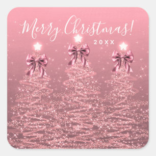 Elegant Holiday Blush Pink Christmas Trees Bows Square Sticker