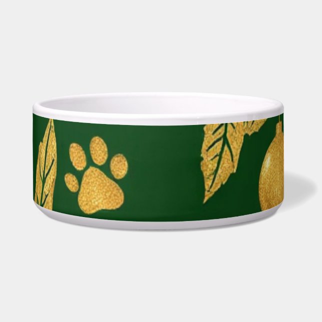 Elegant Holiday Dog Bowl – Gold & Green with Paws (Front)