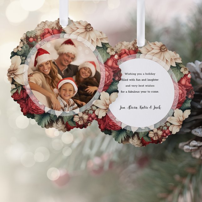 Elegant Holiday Floral Photo Tree Decoration Card (Creator Uploaded)