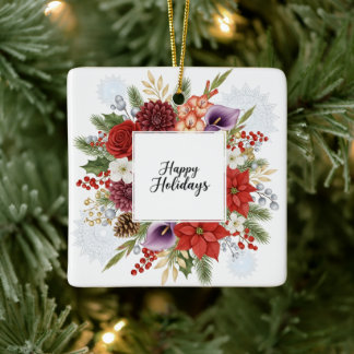 Elegant Holiday Floral Wreath Happy Holidays Ceramic Ornament