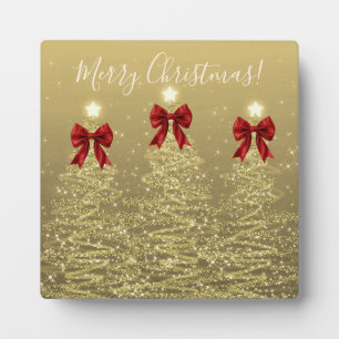 Elegant Holiday Gold Christmas Trees w/ Red Bows Plaque