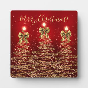 Elegant Holiday Gold Red Christmas Trees w/ Bows Plaque