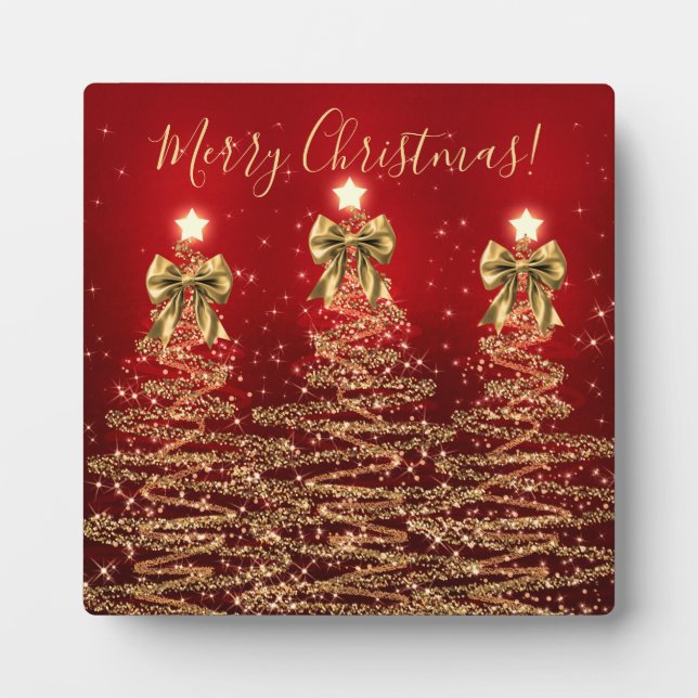 Elegant Holiday Gold Red Christmas Trees w/ Bows Plaque (Front)