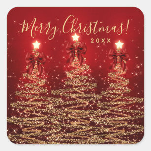 Elegant Holiday Gold Red Christmas Trees w/ Bows Square Sticker