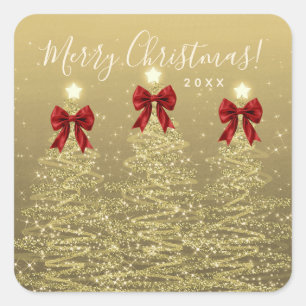 Elegant Holiday Gold Red Christmas Trees w/ Bows Square Sticker
