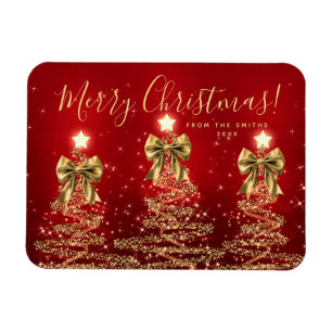 Elegant Holiday Gold Red Christmas Trees + Year Magnet