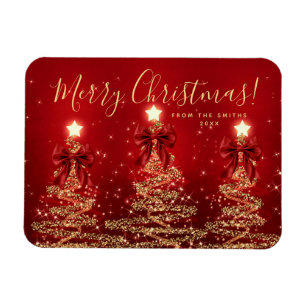 Elegant Holiday Gold Red Christmas Trees + Year Magnet